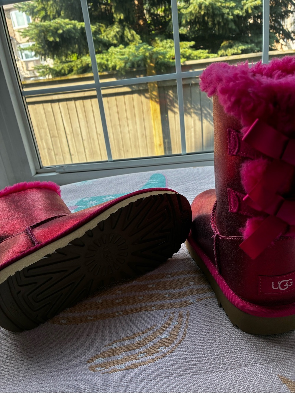 UGG Kids Metallic Hot Pink Shearling Bow Boots